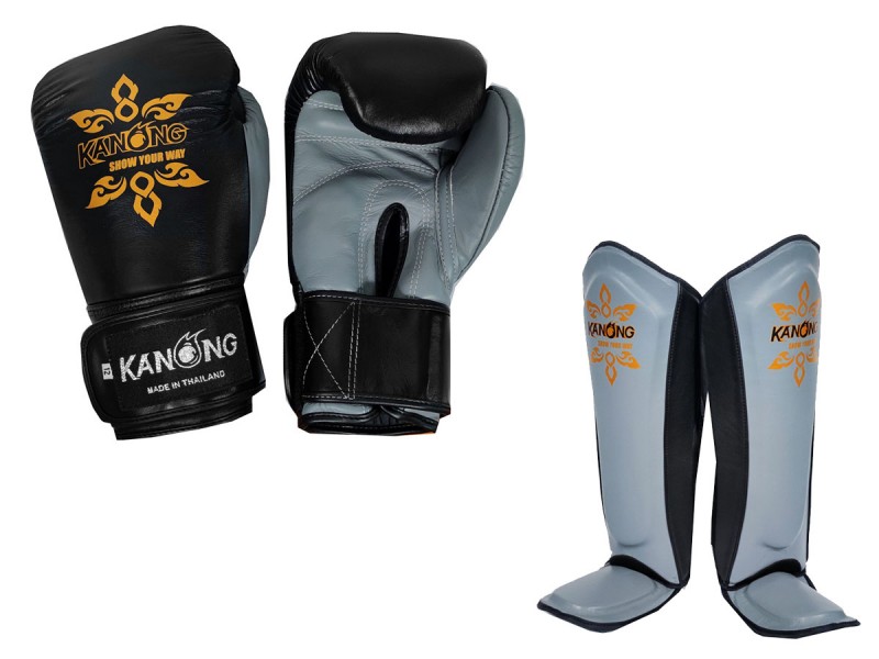 Kanong Cowhide Boxing Gloves and matching Shin Pads : Black/Grey